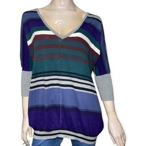 Shae Women’s Size S Green Blue Gray White Striped Studded Back V-Neck Sweater